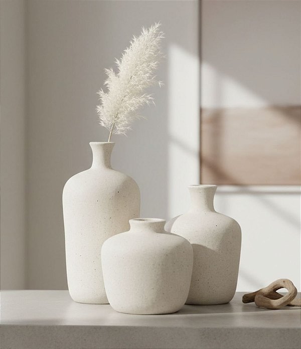 Trio de Mini Vasos Decorativos em Cerâmica Branca (3 Tamanhos)