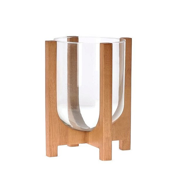 Vaso Decorativo de Vidro com Base em Madeira (21x15cm)