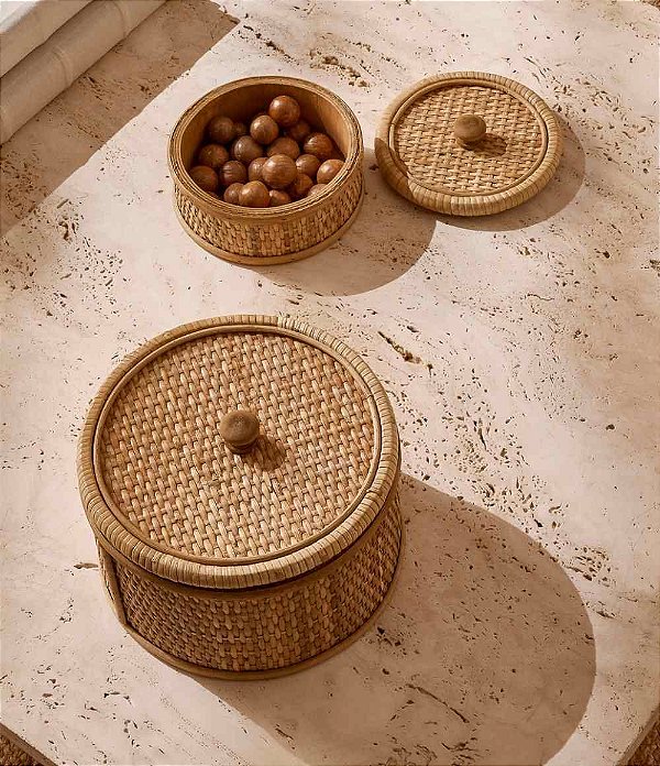 Caixa Decorativa e Organizadora Redonda em Rattan com Tampa