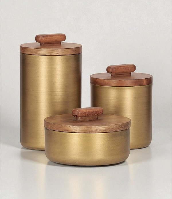 Trio de Potes Dourados em Metal com Tampa de Madeira