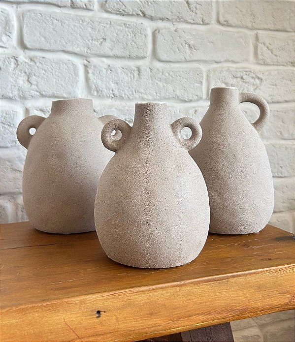 Trio de Vaso Decorativo em Cerâmica Cinza com Alças