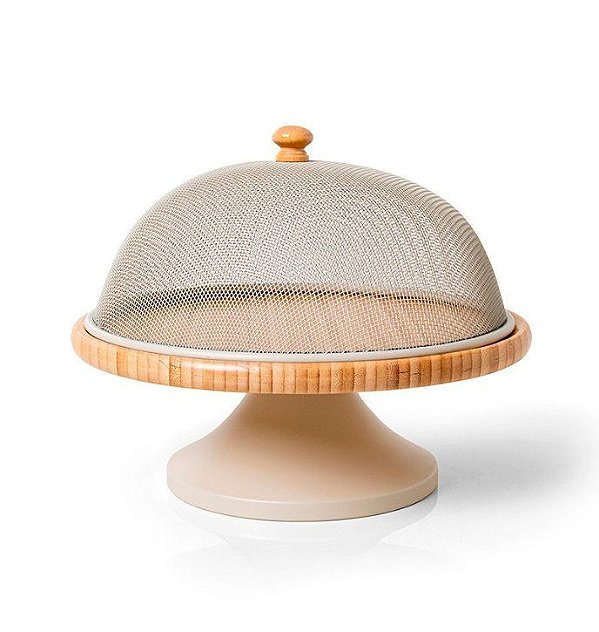 Porta Bolo em Bambu e Metal Cor Areia (26cm)