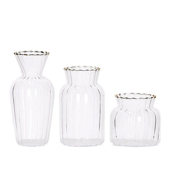 Trio de Mini Vasos Decorativos em Vidro com Borda Dourada