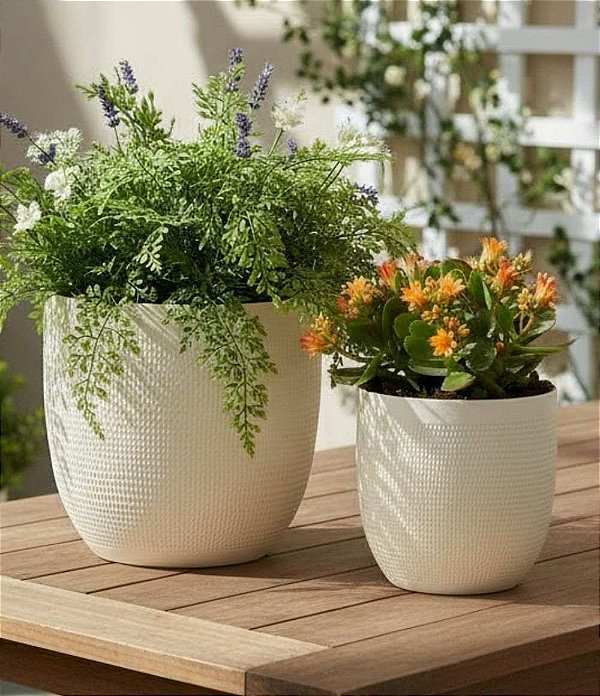 Cachepot Decorativo Redondo em Cimento Branco com Textura (2 Tamanhos)