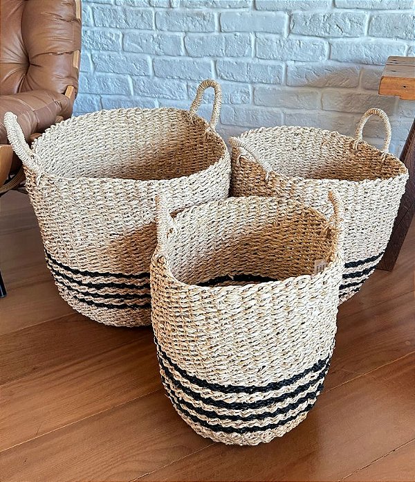 Cesto Decorativo em Fibra Natural Palha Com Alças (3 tamanhos)
