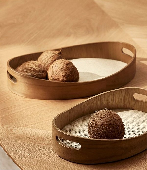 Kit de Bandeja Oval em Madeira e PU Modelo Orgânico (2 peças)