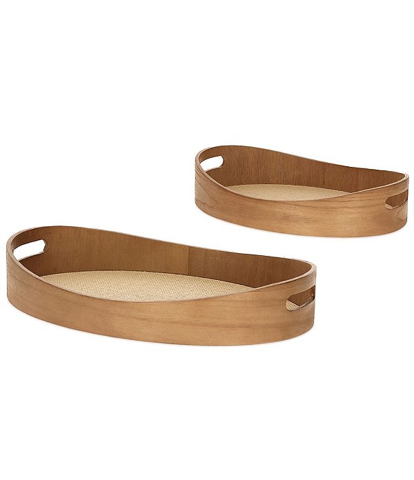 Kit de Bandeja Oval em Madeira e PU Modelo Orgânico (2 peças)