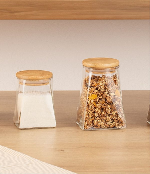 Pote Hermético de Vidro Base Quadrada com Tampa em Bambu (2 tamanhos)