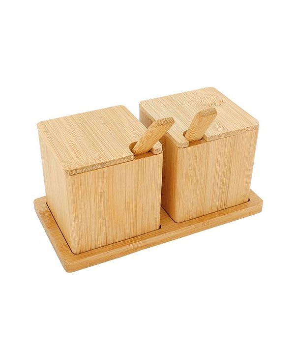 Jogo Porta Condimentos em Bambu Ecokitchen com Tampa Colher e Bandeja