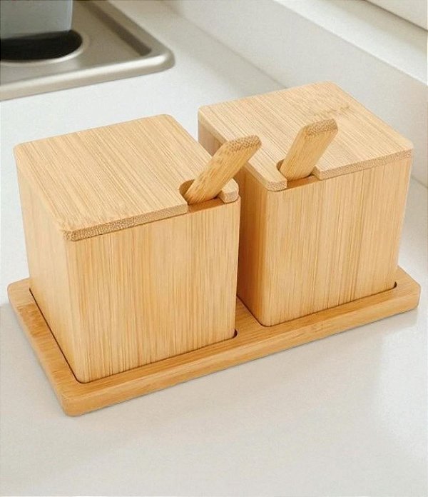 Jogo Porta-Condimentos em Bambu Ecokitchen com Tampa Colher e Bandeja