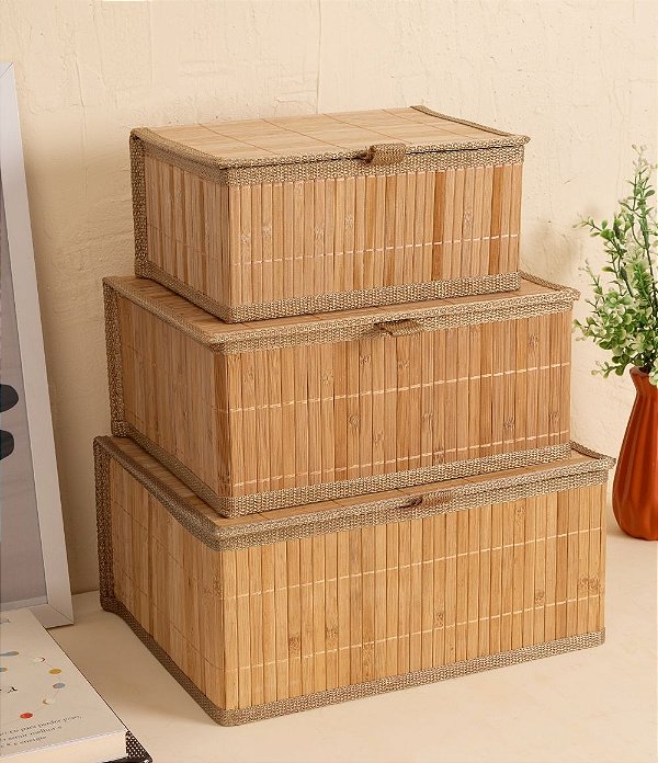 Kit 3 Caixas Organizadoras em Bambu com Tampa