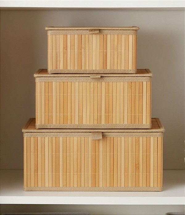 Kit 3 Caixas Organizadoras em Bambu com Tampa (3 Tamanhos)