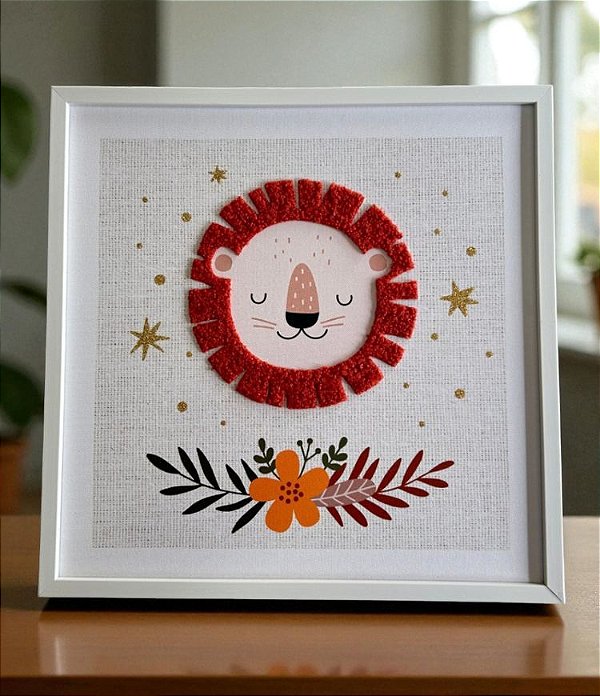 Quadro Decorativo de Parede Infantil Leãozinho Vermelho em Pelúcia (35x35)
