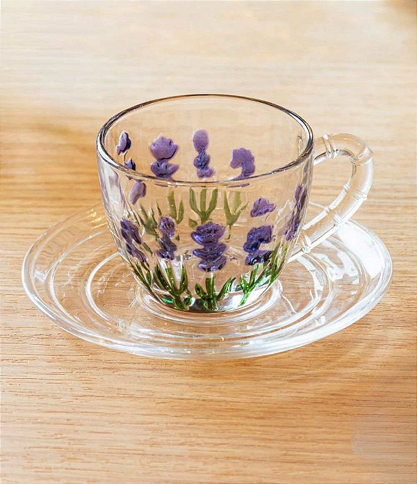 Xícara de Café com Pires Lyor Lavanda Hand Painting Cristal (80ml)