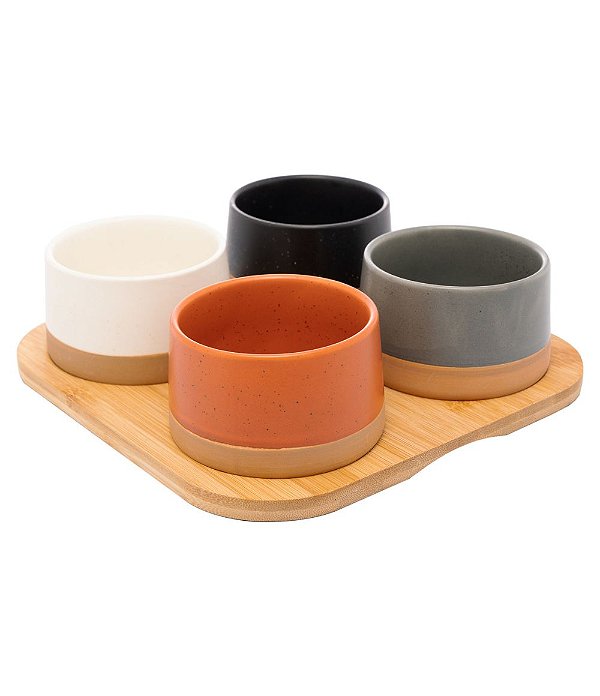 KIT 04 Petisqueiras com Bandeja de Bambu (22x22x5,5CM)