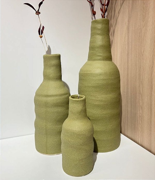 Trio de Vaso Decorativo Verde em Cerâmica (3 Tamanhos)