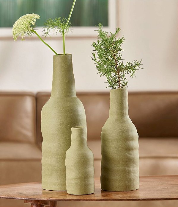 Trio de Vasos Decorativos Verdes em Cerâmica (3 Tamanhos)