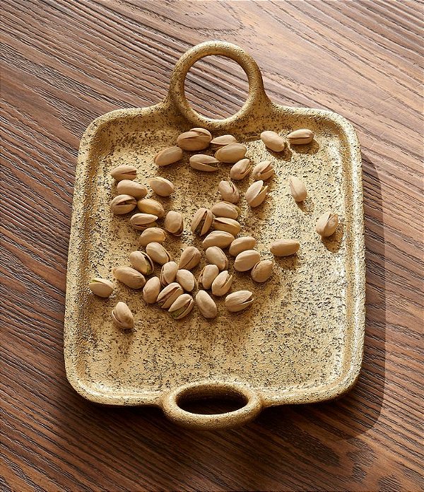 Bandeja Decorativa Dourada Retangular com Alças (44x26)