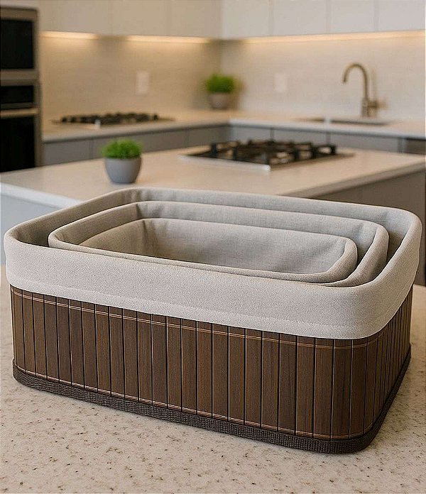 Kit 3 Cestos Organizadores em Bambu Escuro com Forro