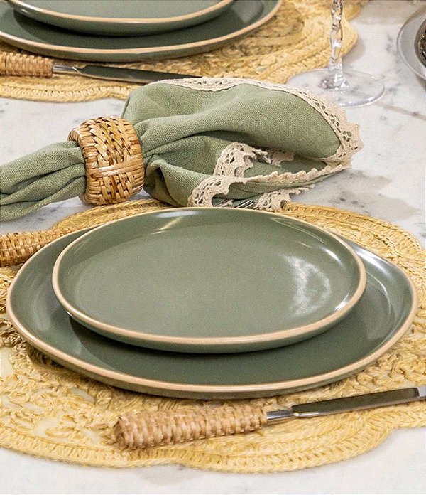 Conjunto 08 Pratos em Cerâmica Verde Sálvia (04 Pratos de Jantar + 04 Pratos de Sobremesa) | Linha Vivant
