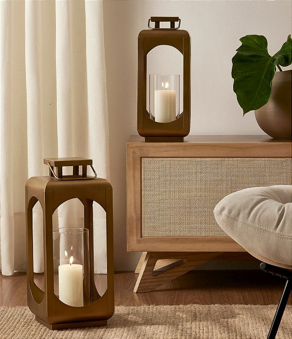 Lanterna Marroquina em Metal Dourado com Copo de Vidro (41x17x17)