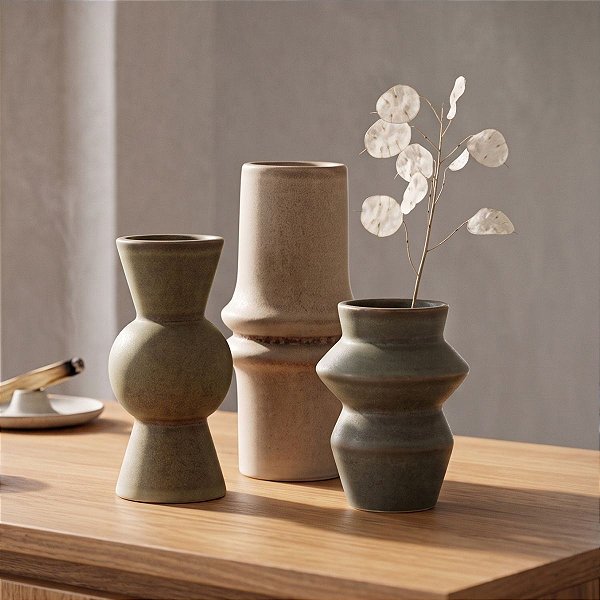 Trio de Mini Vasos Decorativos em Cerâmica Nature (3 Pçs)