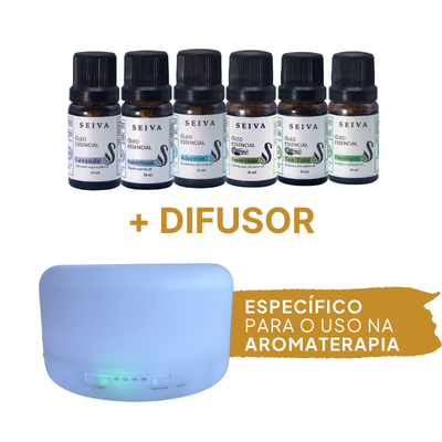 Combo Óleos Essenciais + Difusor - OE Lavanda, Hortelã Pimenta, Alecrim, Capim Limão, Tea Tree e Eucalípto