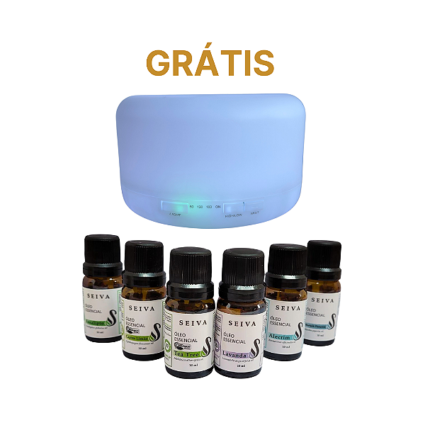 Combo Óleos Essenciais + Grátis Difusor - OE Lavanda, Hortelã Pimenta, Alecrim, Capim Limão, Tea Tree e Eucalípto