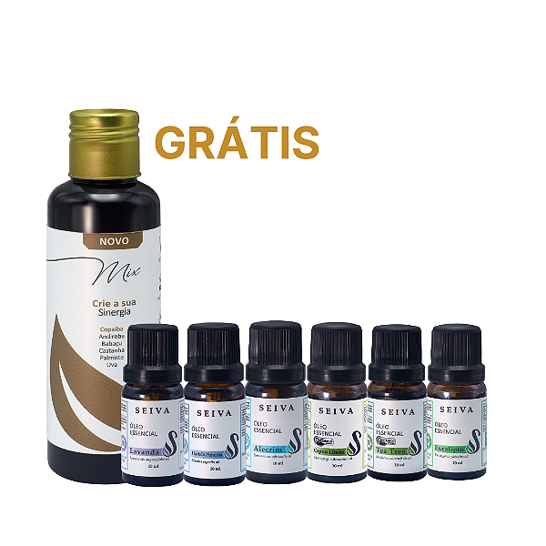 Combo Óleos Essenciais + Grátis Óleo Mix - OE Lavanda, Hortelã Pimenta, Alecrim, Capim Limão, Tea Tree e Eucalípto
