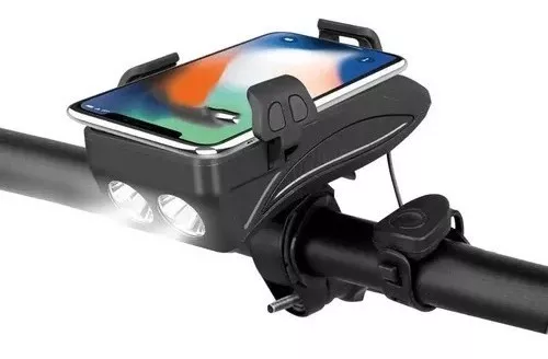 Farol Usb Bike Buzina 2 Led Suporte Celular Power Bank 400 Lumens