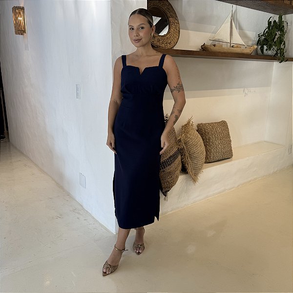 VESTIDO PREGA V MARINHO