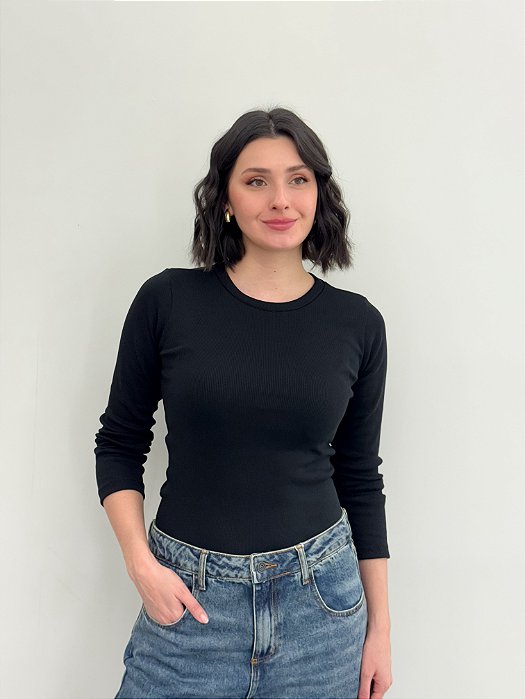 BLUSA AYLA GOLA REDONDA MALHA RIBANA MANGA LONGA