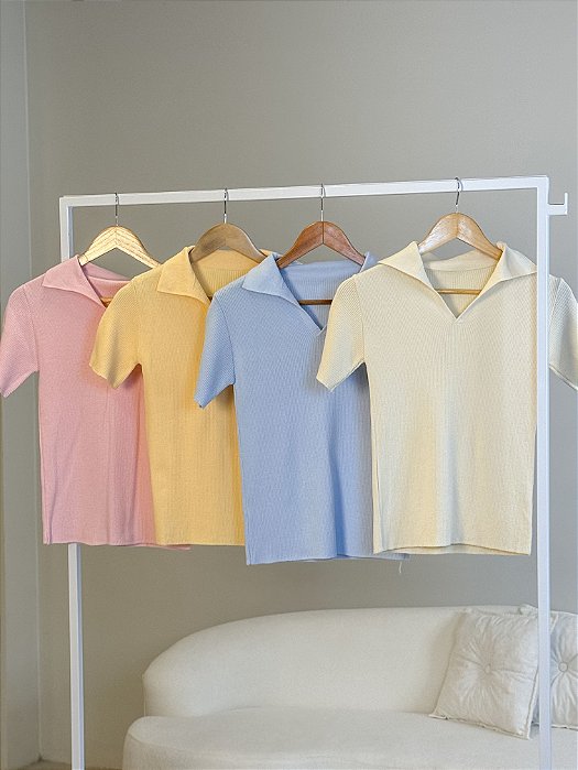 BLUSA TRICOT GOLA POLO MANGA CURTA FEMININA