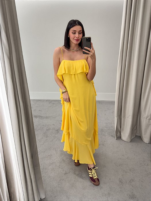 VESTIDO LONGO AMARELO COM BABADOS