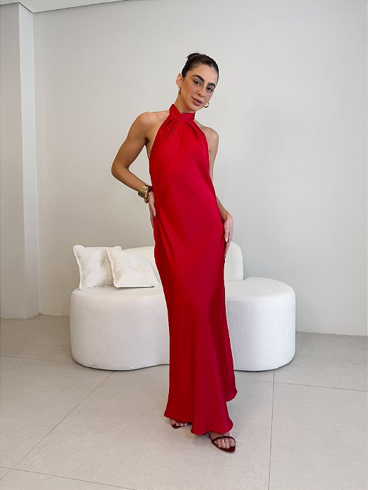 VESTIDO MIDI DE CETIM FRENTE ÚNICA FEMININO