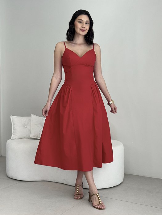 VESTIDO MIDI ALCA FINA DECOTE VERMELHO ZOE