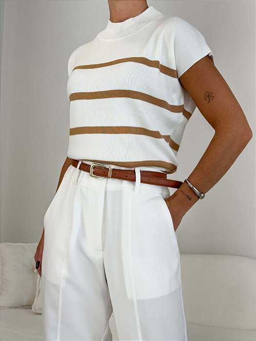 Blusa Tricot Modal Manga Curta Gola Média Nadini