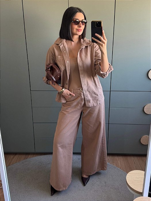 Calça Pantalona Jeans Marrom Claro Palazzo