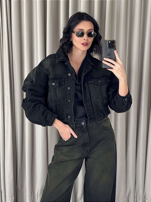 Jaqueta Bomber Jeans Cropped Preta Feminina
