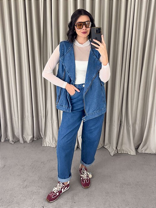 Colete Alongado Oversized Jeans Azul Médio