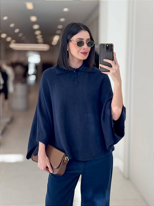 Poncho Gola Polo Tricot Amplo Feminino
