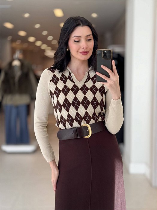 Blusa Tricot Gola Polo Xadrez Escocês