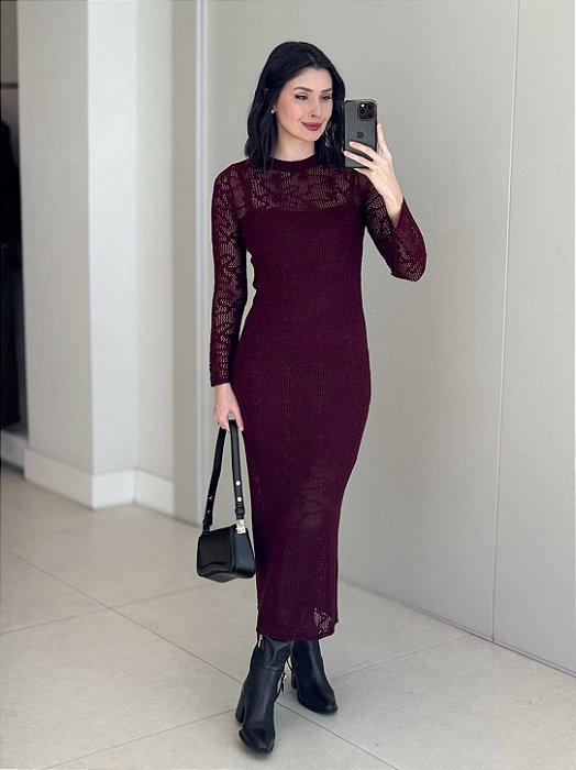 Vestido Longo Tricot Rendado Manga Longa