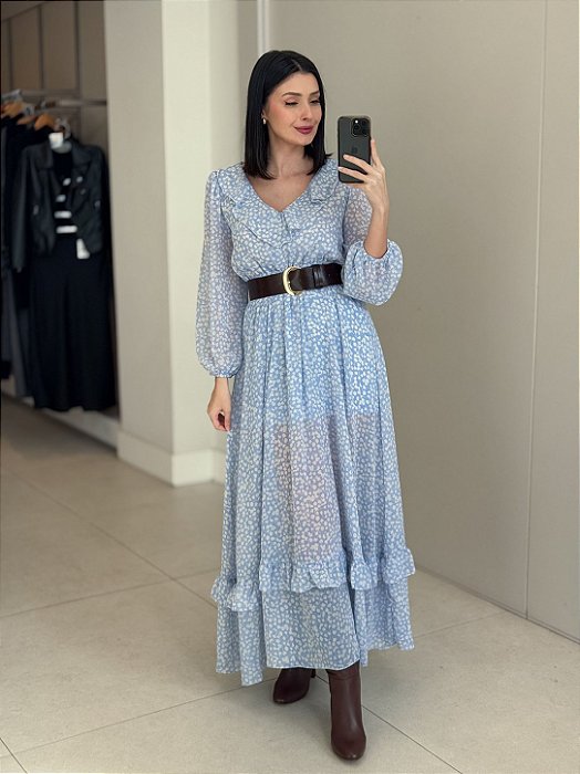 Vestido Longo Floral em Chiffon Feminino