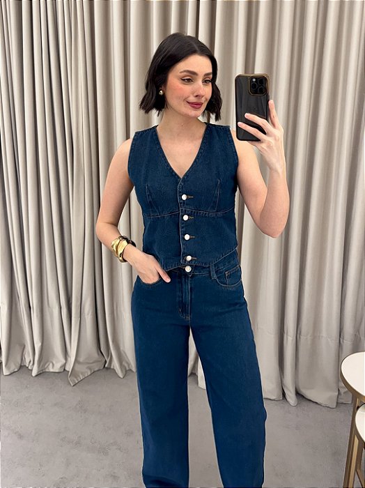 Colete Jeans Cropped Azul Escuro