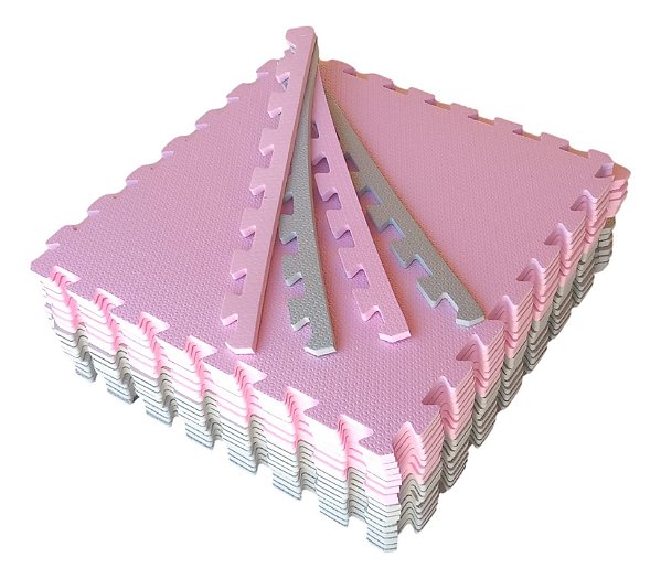Kit 6 Tatames Tapetes EVA 50x50x1cm 10mm Infantil Rosa Claro e Cinza Claro