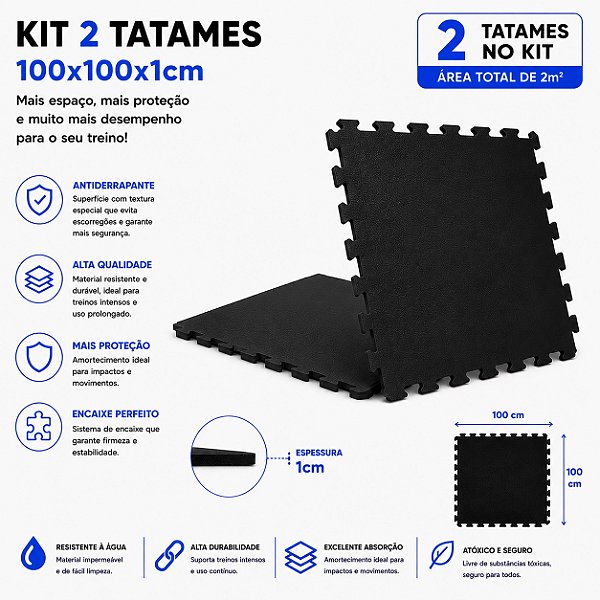 Kit 2 Tatames Tapetes Eva 100x100x1cm 1x1 Metro 10mm PRETO