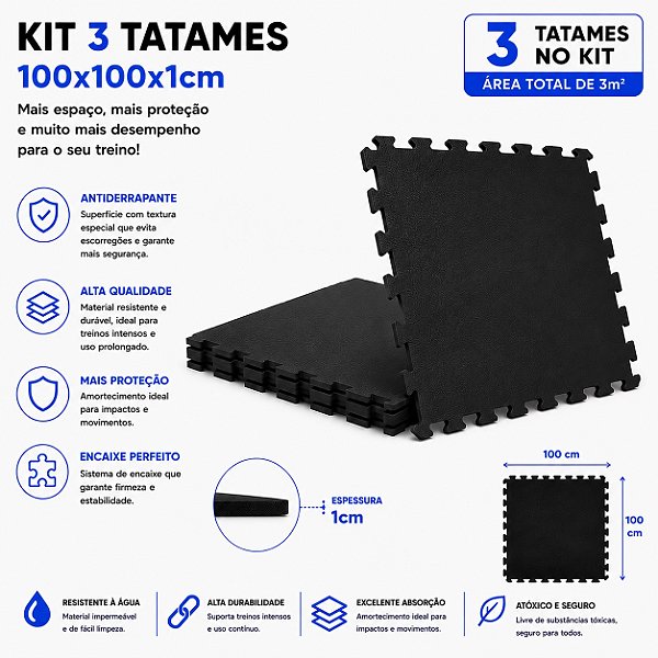 Kit 3 Tatames Tapetes Eva 100x100x1cm 1x1 Metro 10mm PRETO