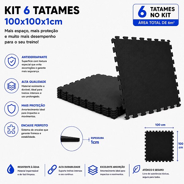 Kit 6 Tatames Tapetes Eva 100x100x1cm 1x1 Metro 10mm PRETO