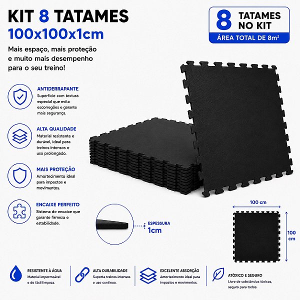 Kit 8 Tatames Tapetes Eva 100x100x1cm 1x1 Metro 10mm PRETO